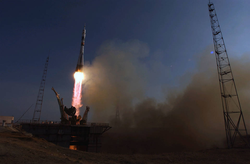 Nighttime launch of Soyuz rocket from Baikonur Cosmodrome
