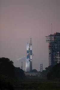 Surrounded by an early morning sky, the United Launch Alliance Delta II Heavy rocket sits on Space Launch Complex 17B on Cape Canaveral Air Force Station in Florida.