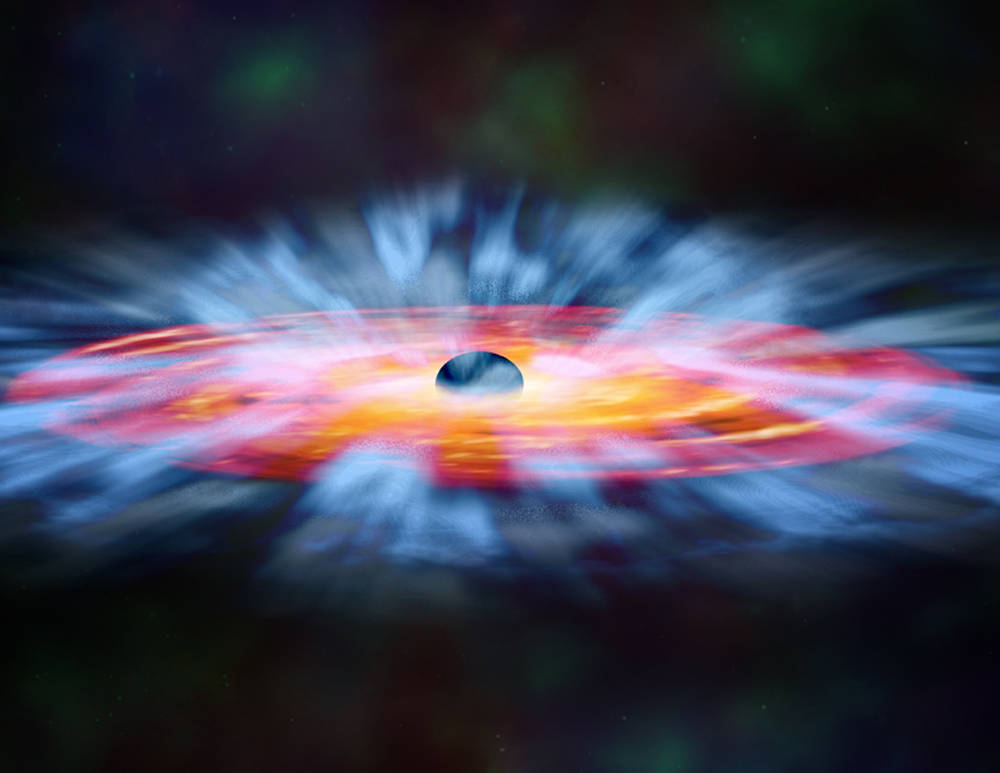 In this illustration, winds of gas swirl around a black hole. Some of the gas is spiraling inward toward the black hole