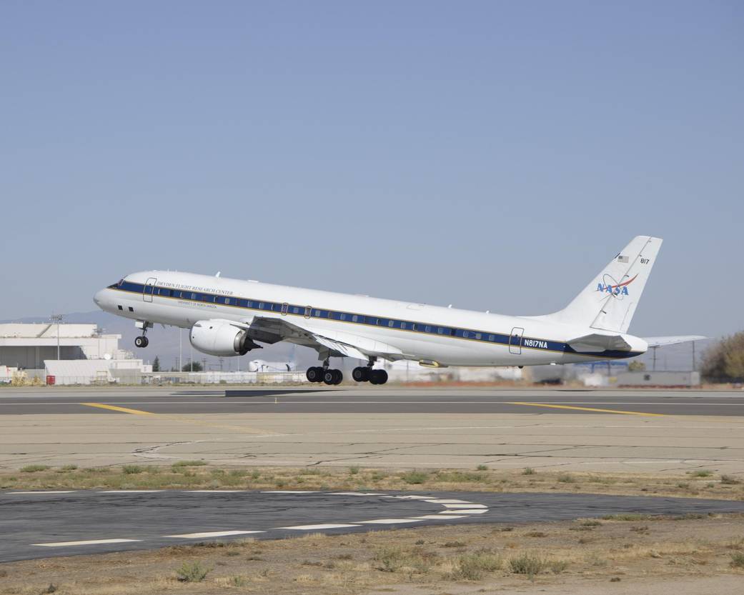 NASA's DC-8 lifts off from Dryden Aircraft Operations facility in Palmdale, California.