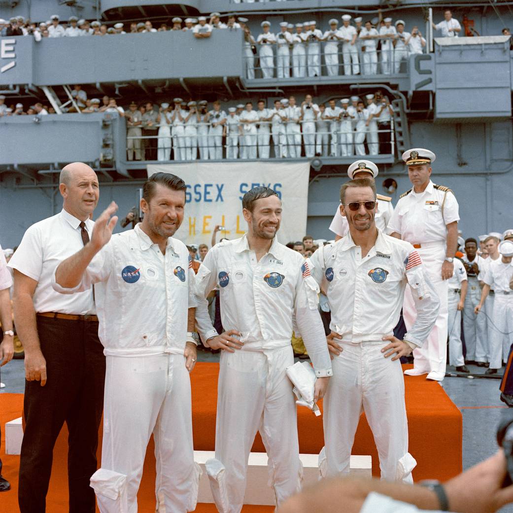 Left to right are astronauts Walter M. Schirra Jr., commander; Donn F. Eisele, command module pilot; and, Walter Cunningham, lunar module pilot after their Apollo 7 space flight