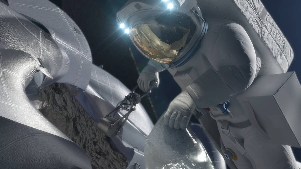 Concept image of an astronaut using a tool to retrieve a sample from the asteroid.