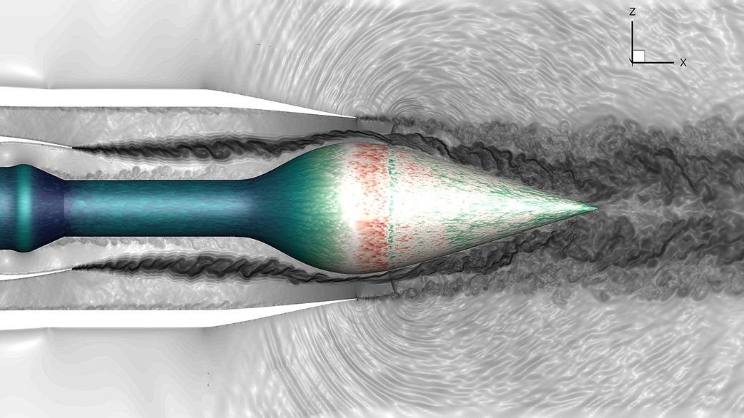Density gradient magnitude for an internally mixed two-stream nozzle with an external plug, from a wall-modeled large eddy simulation (WMLES) performed with NASA’s Launch Ascent and Vehicle Aerodynamics (LAVA) solver. 