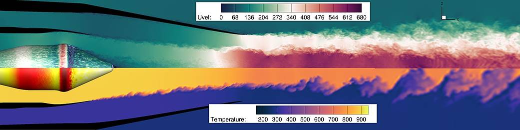 Wall-modeled large eddy simulation of a two-stream internally mixed nozzle with an internal plug, performed with NASA’s Launch Ascent and Vehicle Aerodynamics (LAVA) solver. 