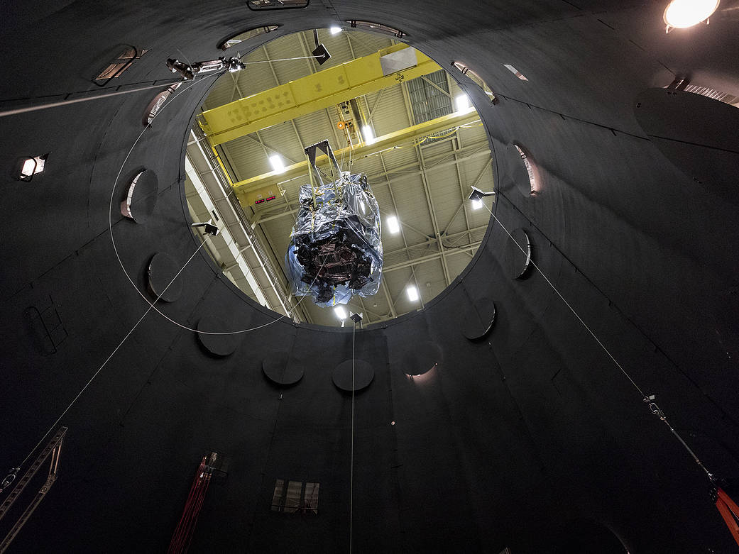 NASA’s Parker Solar Probe descends into the thermal vacuum chamber at NASA’s Goddard Space Flight Center.