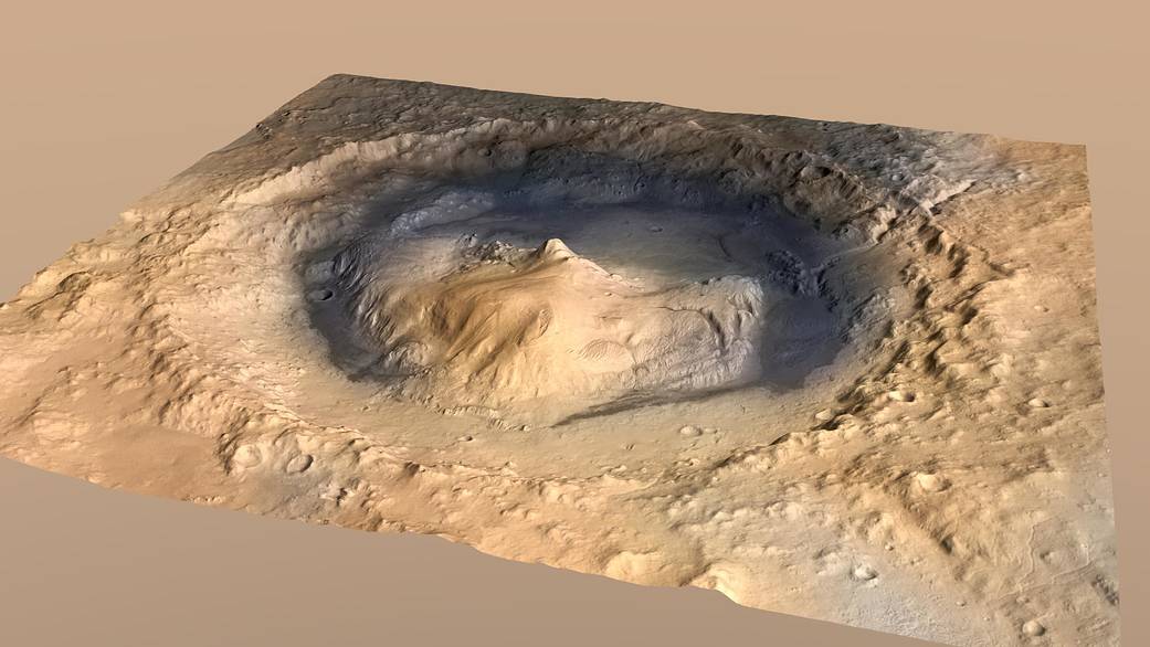 Oblique View of Gale Crater, Mars, with Vertical Exaggeration