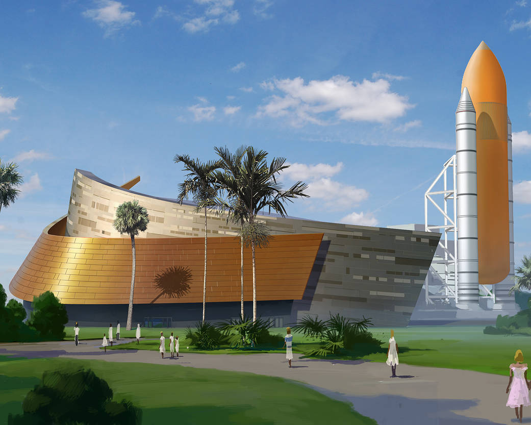 Artist's rendering of Altantis exhibit from outside showing curved building exterior and rocket boosters at right