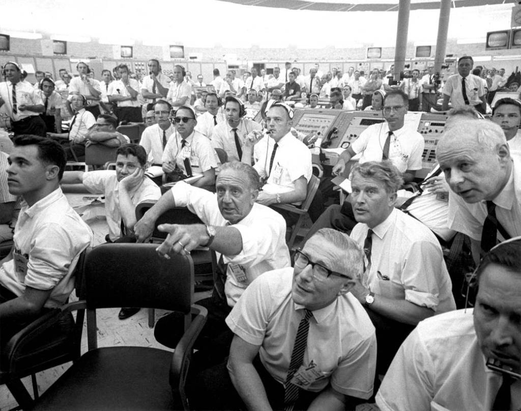 Saturn blockhouse personnel at Launch Complex 37 during the liftoff of SA-3 include Center Director Kurt Debus and Wernher von Braun.