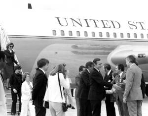 Vice President George H.W. Bush (center left) is welcomed to the Shuttle Landing Facility at Kennedy Space Center in 1982.