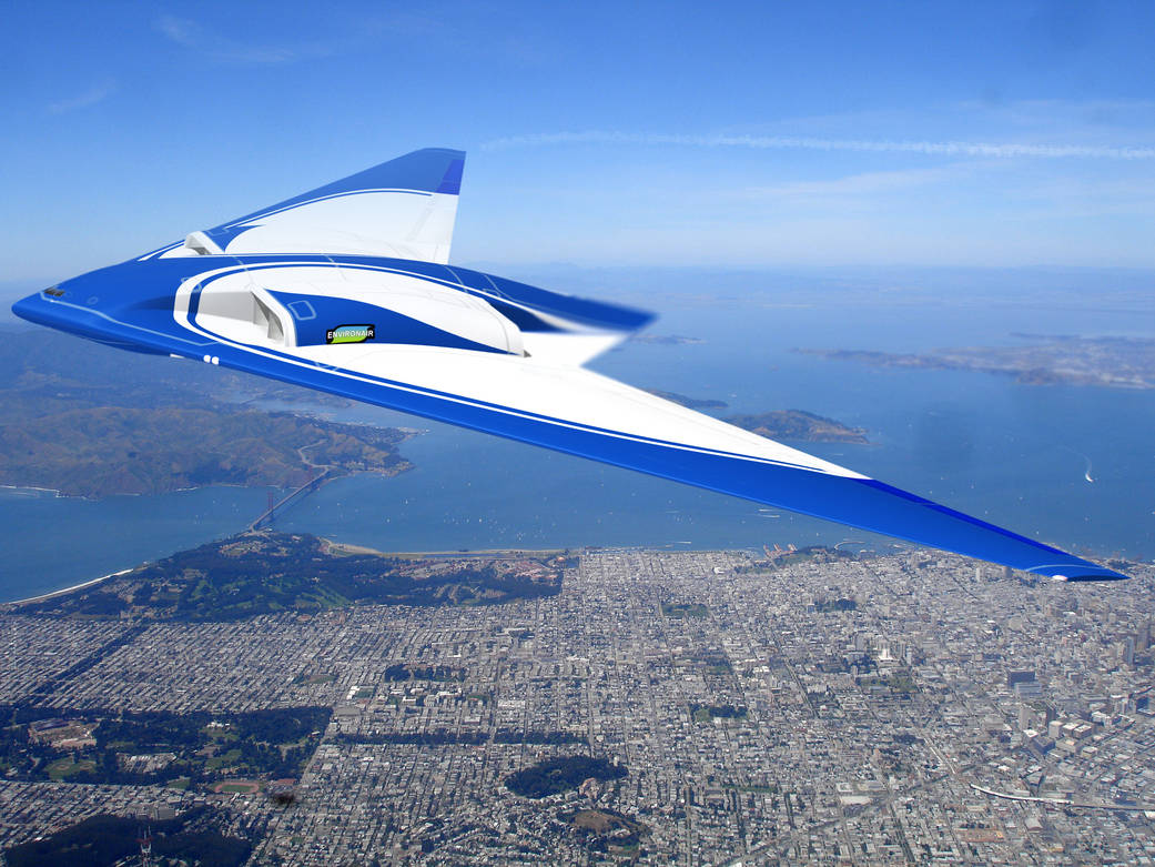 Artist concept of a future "flying-wing" aircraft in flight.