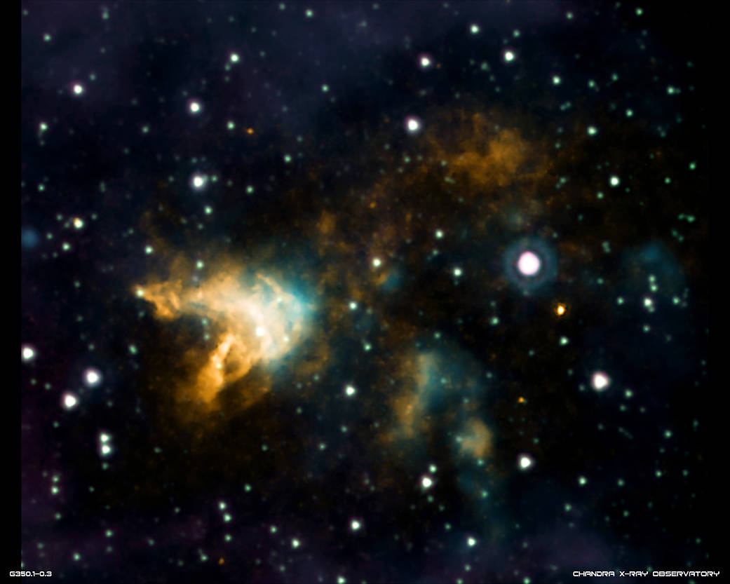 Bright orange and white cloudlike bursts of material against deep space with stars in background