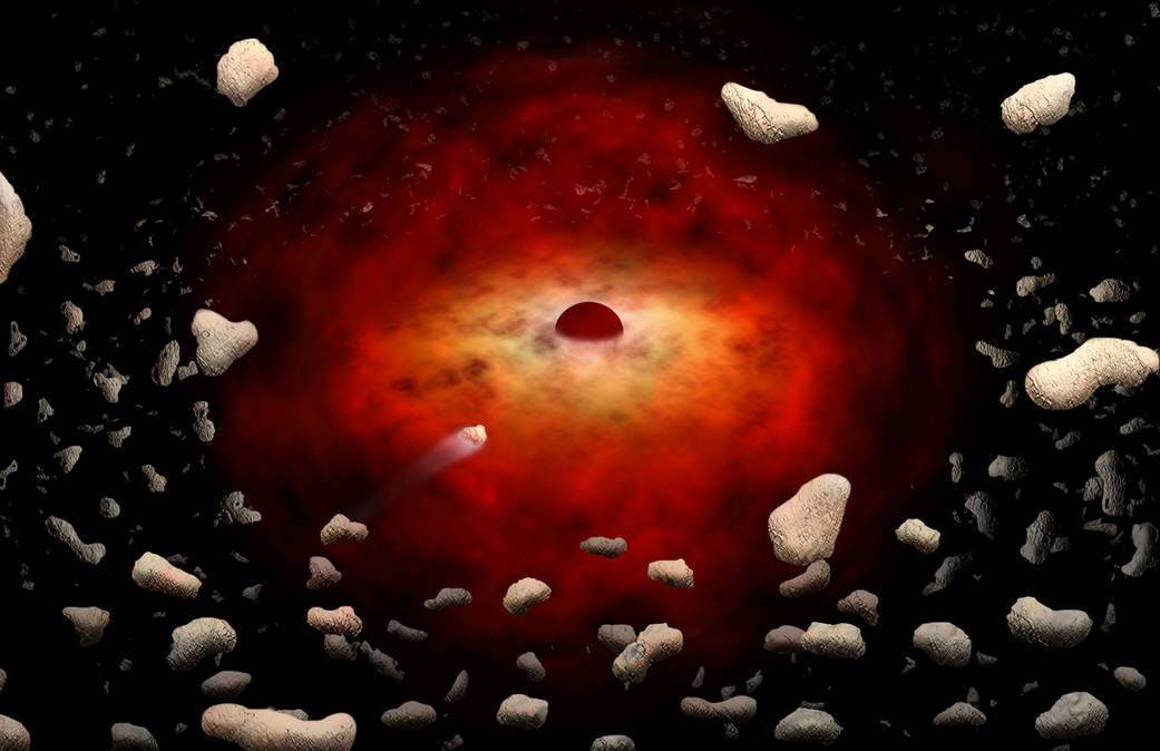 Artist concept image of many asteroids flying away from bright central flare