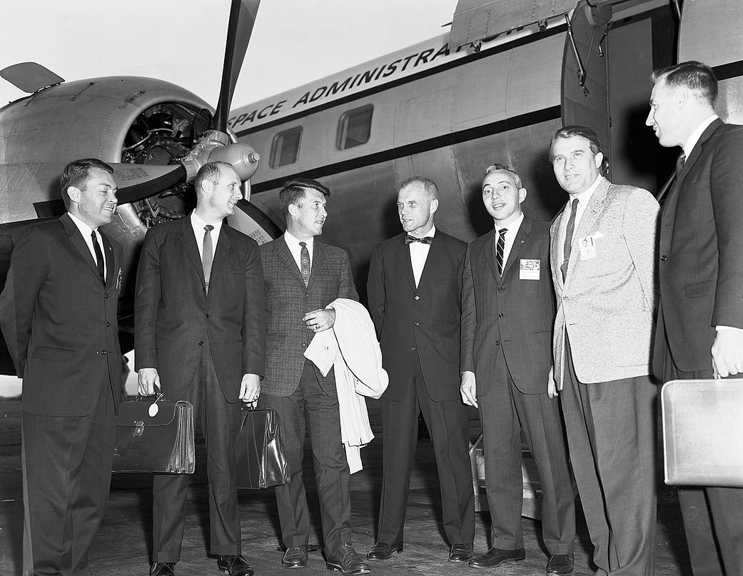 In 1962, MSFC Director Dr. Wernher von Braun meets with five astronauts and Brainerd Holmes