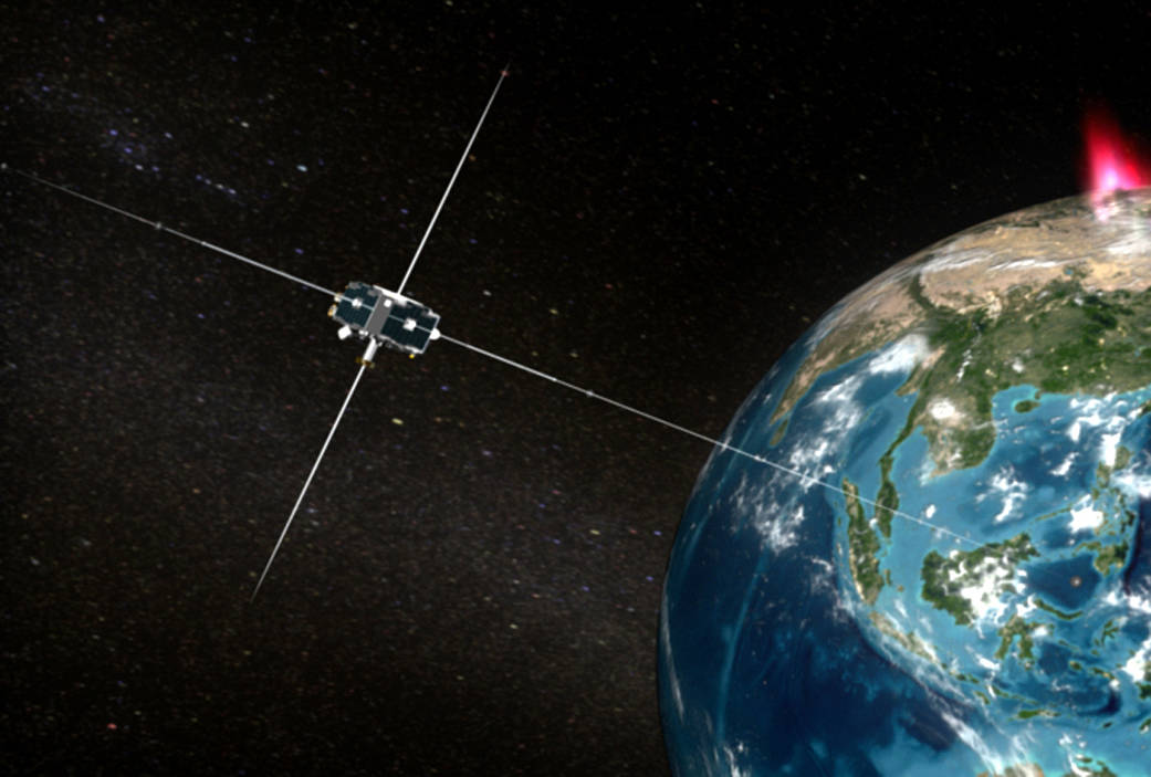 An artist's conception of one of the THEMIS spacecraft in orbit around Earth.