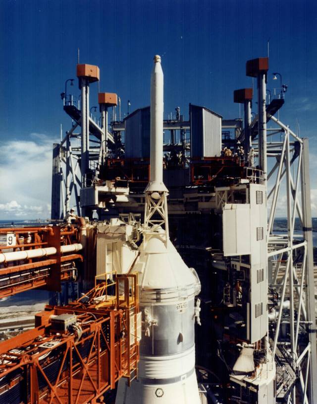 The 402-foot-tall mobile service structure is moved away from the Apollo 11 spacecraft at Kennedy’s Launch Pad 39A during a Countdown Demonstration Test.