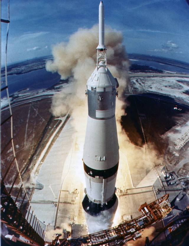 The Apollo 11 Saturn V lifts off with astronauts Neil A. Armstrong, Michael Collins and Edwin E. Aldrin Jr. at 9:32 a.m. EDT July 16, 1969, from Kennedy Space Center's Launch Complex 39A.