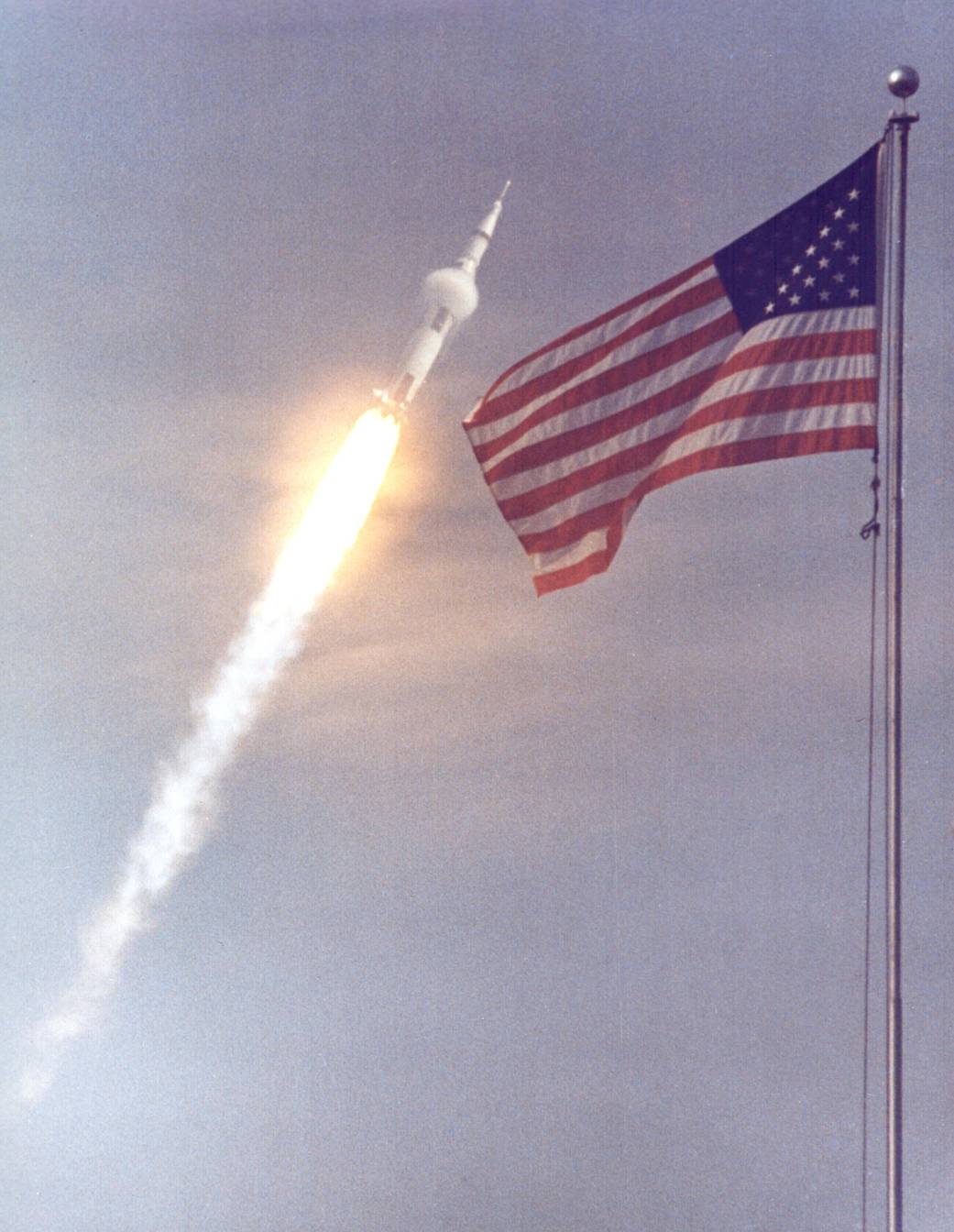 The American flag heralds the flight of Apollo 11, the first lunar landing mission.