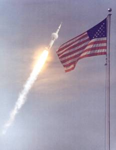 The American flag heralds the flight of Apollo 11, the first lunar landing mission.