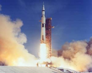 The Apollo 11 Saturn V lifts off with astronauts Neil A. Armstrong, Michael Collins and Edwin E. Aldrin Jr. at 9:32 a.m. EDT July 16, 1969, from Kennedy’s Launch Complex 39A.