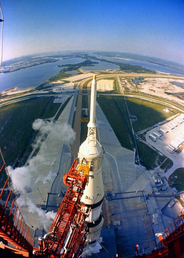 The Apollo 15 Saturn V is seen from a camera located at the mobile launcher's 360-foot level at Launch Pad 39A during the countdown demonstration test. 