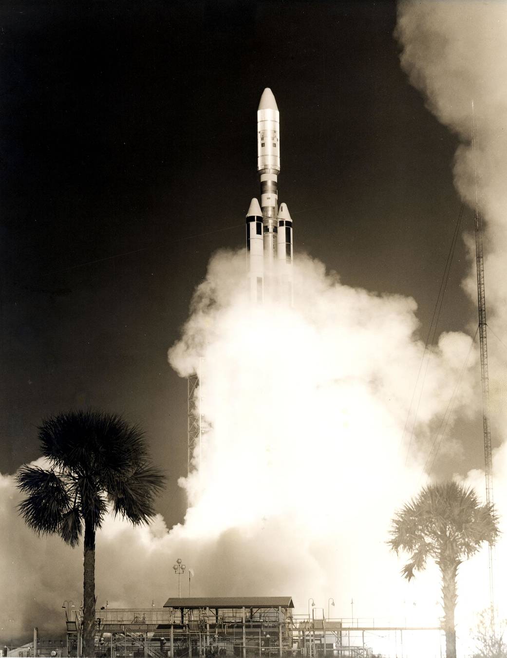 The first Titan-Centaur lifts off from Launch Complex 41 at Cape Kennedy Air Force Station at 9:48 a.m. EDT on Feb. 11, 1974. 
