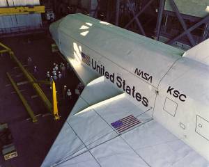 At NASA's Kennedy Space Center in Florida, the space shuttle mock-up, dubbed Pathfinder, enters the Vehicle Assembly Building for a fit-check.