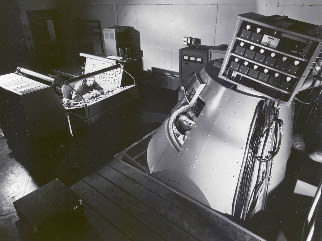 John Glenn in the Mercury Procedures Trainer