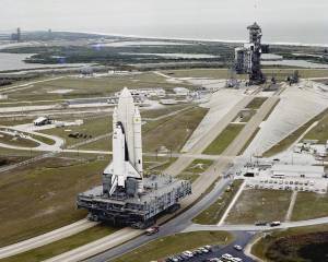 America's first reusable spaceship, space shuttle Columbia, approaches Kennedy Space Center's Launch Pad 39A.