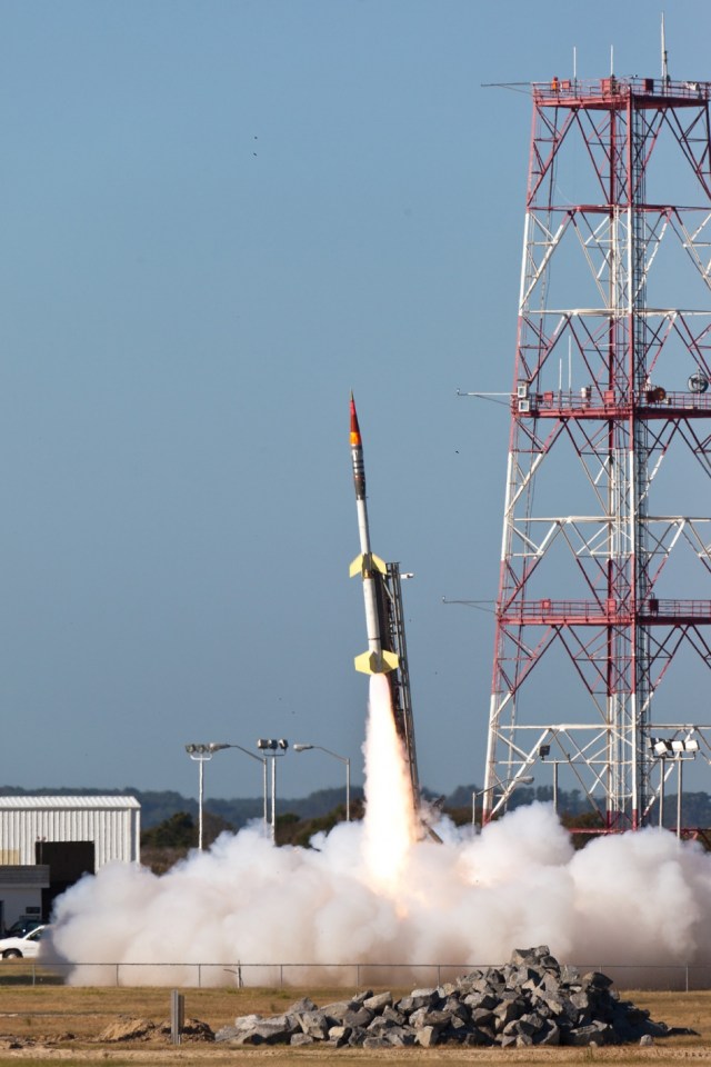 A Terrier-Improved Orion sounding rocket lifts off from the pad at NASA's Wallops Flight Facility.