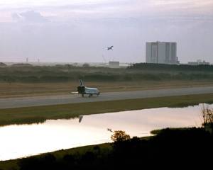 Shortly after sunrise, space shuttle Challenger touches down on the runway at Kennedy Space Center, concluding the STS 41-B mission.