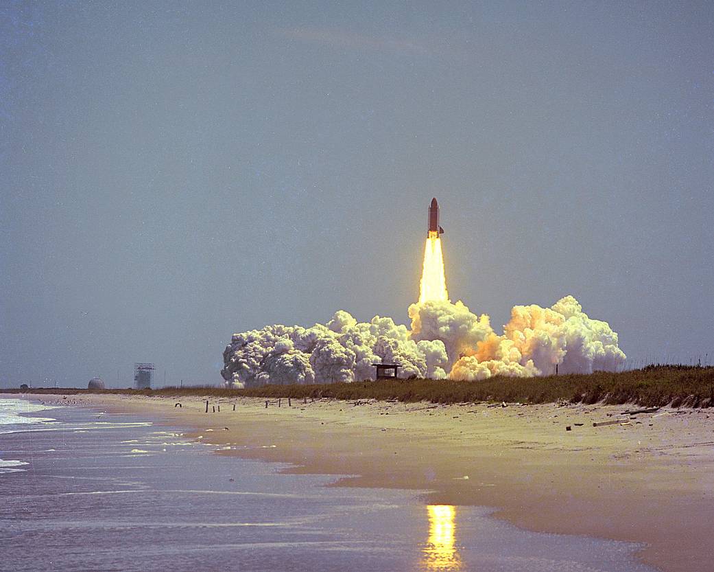 Space shuttle Challenger lifts off for the first time on April 4, 1983, on the STS-6 mission.