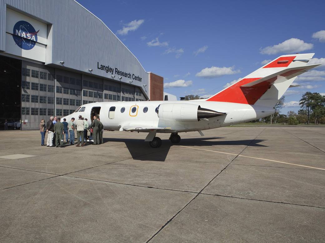 NASA's newest jet, the HU-25C Guardian Falcon, arrives at the NASA Langley Research Center in November 2011.