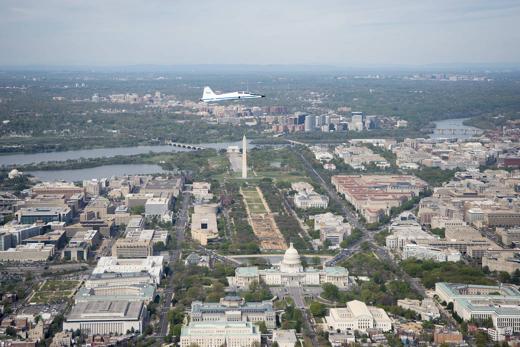T-38 Aircraft Fly Over Washington, DC. Image of the Washington monument is below.