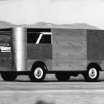 Black and white image of a modified Van