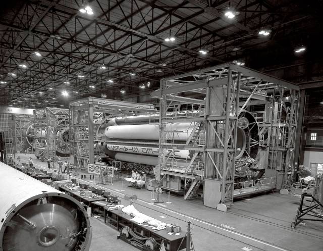 The first stage of the Saturn I rocket is readied for checkout.