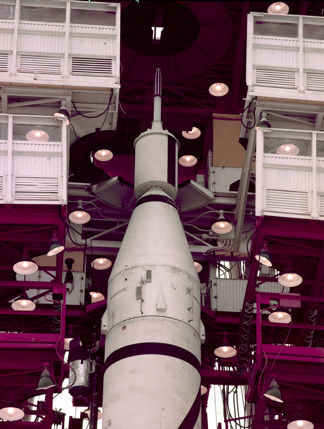 Explorer 1 atop a Jupiter-C launch vehicle in gantry. 
