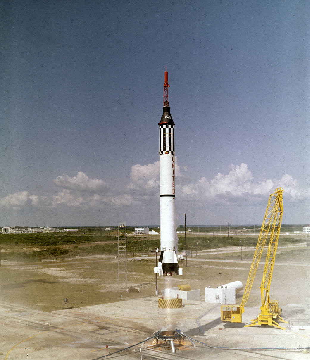 Liftoff of Mercury-Redstone vehicle from launchpad