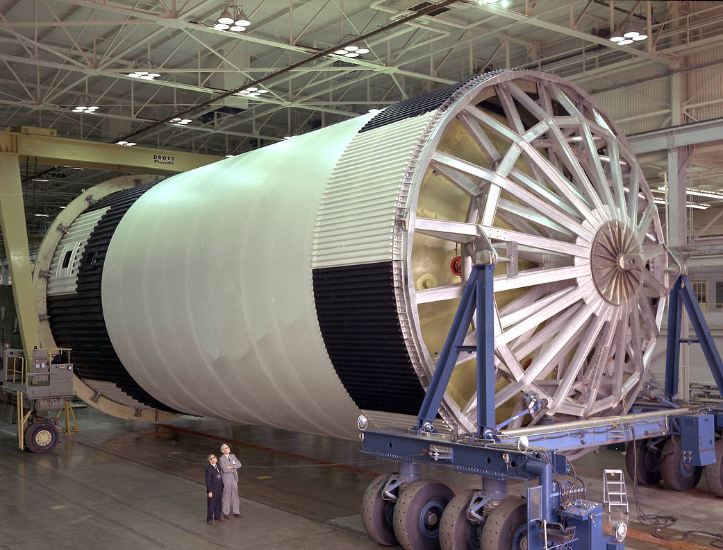 This week in 1964, an assembled liquid oxygen tank for the Saturn V S-IC, or first stage.