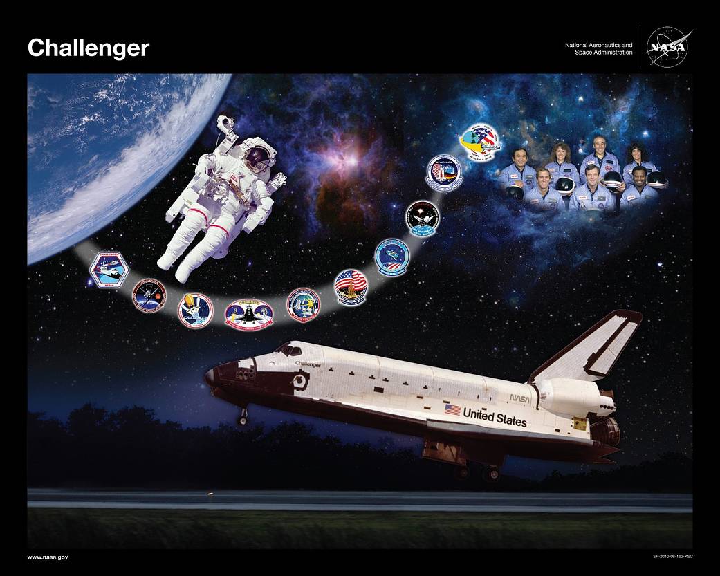 Montage image in tribute to crew lost on shuttle Challenger, with image of shuttle and crew portrait