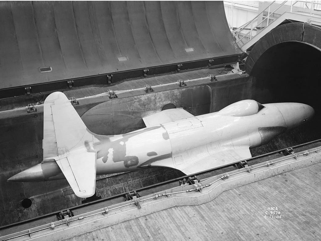 Black and white photo of the Lockheed YP-80A in the Altitude Wind Tunnel in 1945.