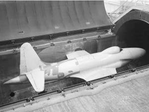 Black and white photo of the Lockheed YP-80A in the Altitude Wind Tunnel in 1945.