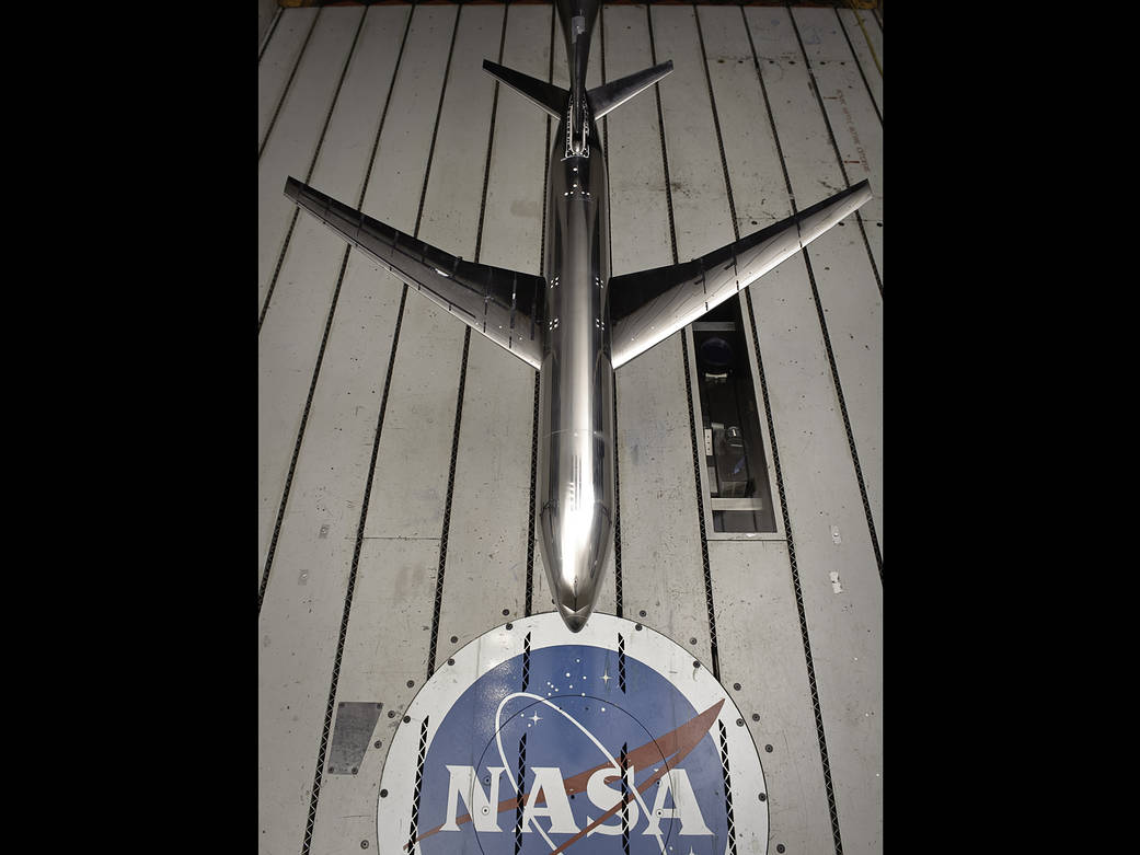 model of generic transport airplane in wind tunnel