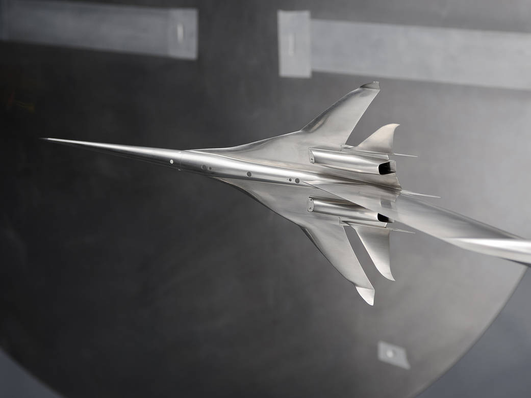 model of Quiet Experimental Validation Concept Boom aircraft in wind tunnel