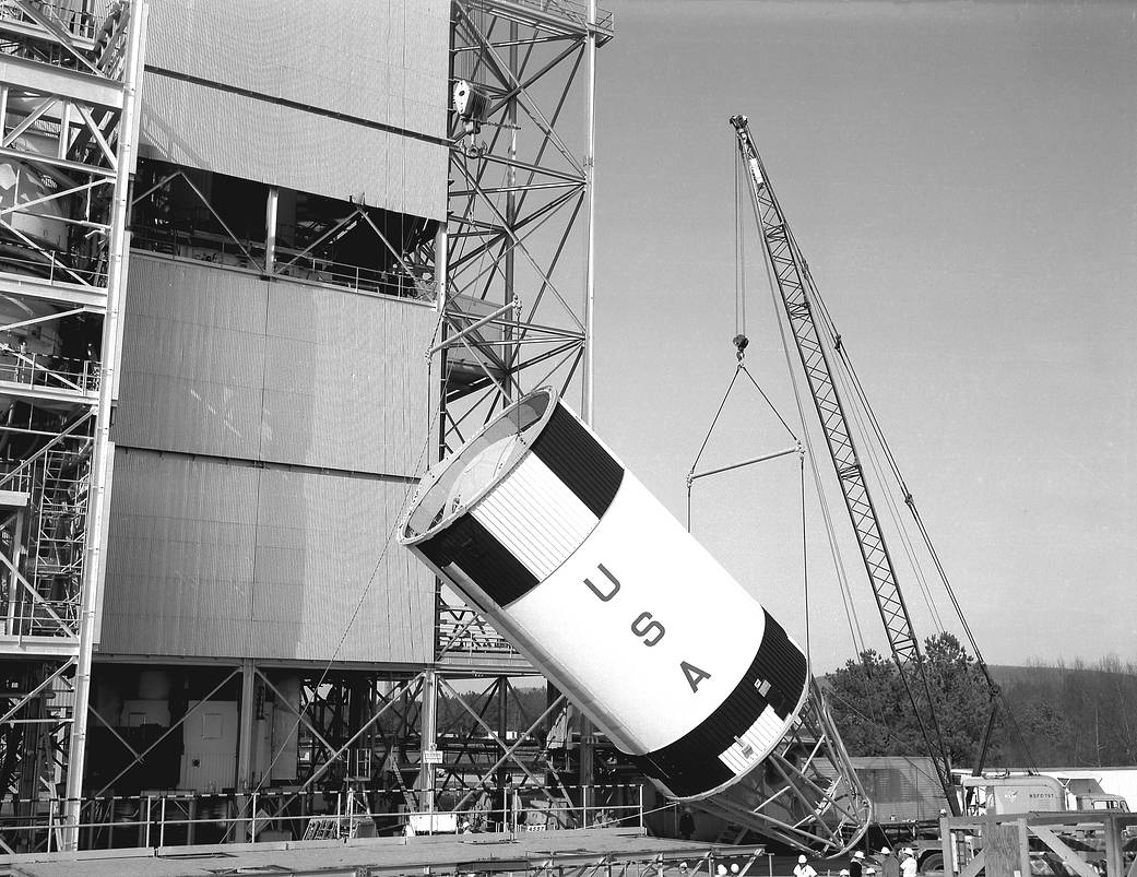 This week in 1965, workers at the Marshall Space Flight Center hoisted a dynamic test version of the Saturn IB's second stage.
