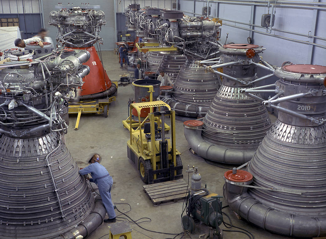 Row of F-1 engines in storage