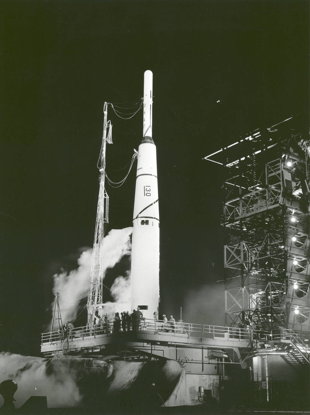 Rocket at launchpad with Pioneer spacecraft on board