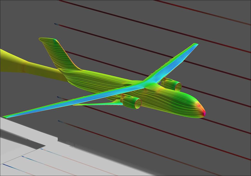 LAVA simulation of the Transonic Truss-Braced Wing (TTBW) modeled inside a computational representation of the NASA Ames 11- by 11- foot Unitary Plan Wind Tunnel.