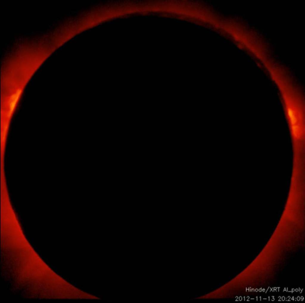 Screen capture from Hinode video of Nov. 13, 2012 solar eclipse, showing a full eclipse viewed from the spacecraft during its first pass.