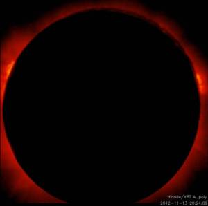 Screen capture from Hinode video of Nov. 13, 2012 solar eclipse, showing a full eclipse viewed from the spacecraft during its first pass.