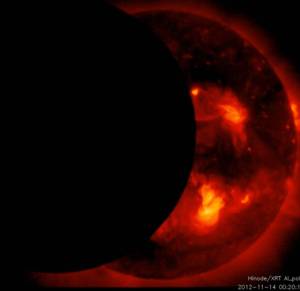 Screen capture from Hinode video of Nov. 13, 2012 solar eclipse showing a partial eclipse viewed from the spacecraft during its second pass.